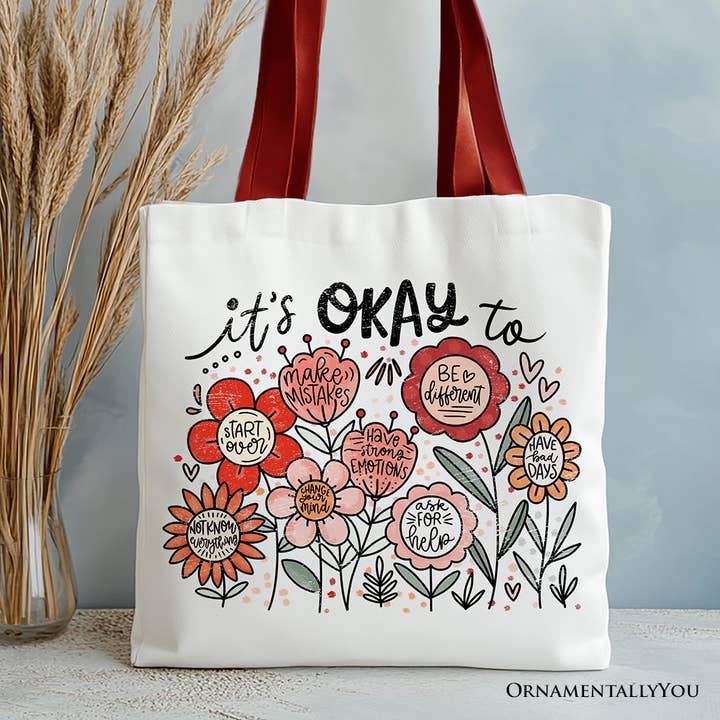 It's Okay Floral Affirmation Canvas Tote Bag, Boho Motivational Gift for Kind and Inspirational Women for wholesale by OrnamentallyYou