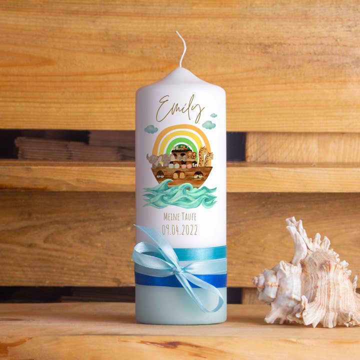 Baptism candle | Rainbow Ark | 15-30 cm height | for wholesale by Die Kerzenwerkstatt