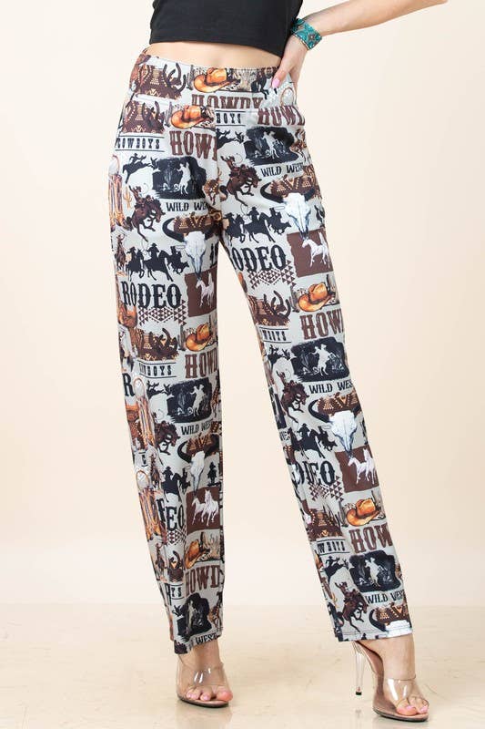 Grey Brown AP1309-TAYLOR WESTERN PRINT ELASTIC WAIST STRETCH PANTS  for wholesale on Faire5