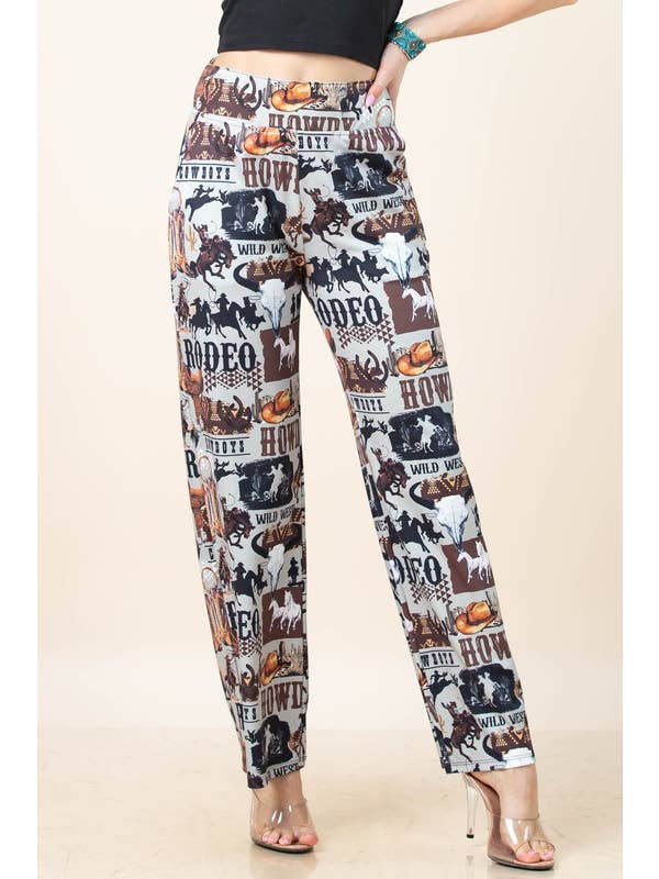 Grey Brown AP1309-TAYLOR WESTERN PRINT ELASTIC WAIST STRETCH PANTS for wholesale on Faire5