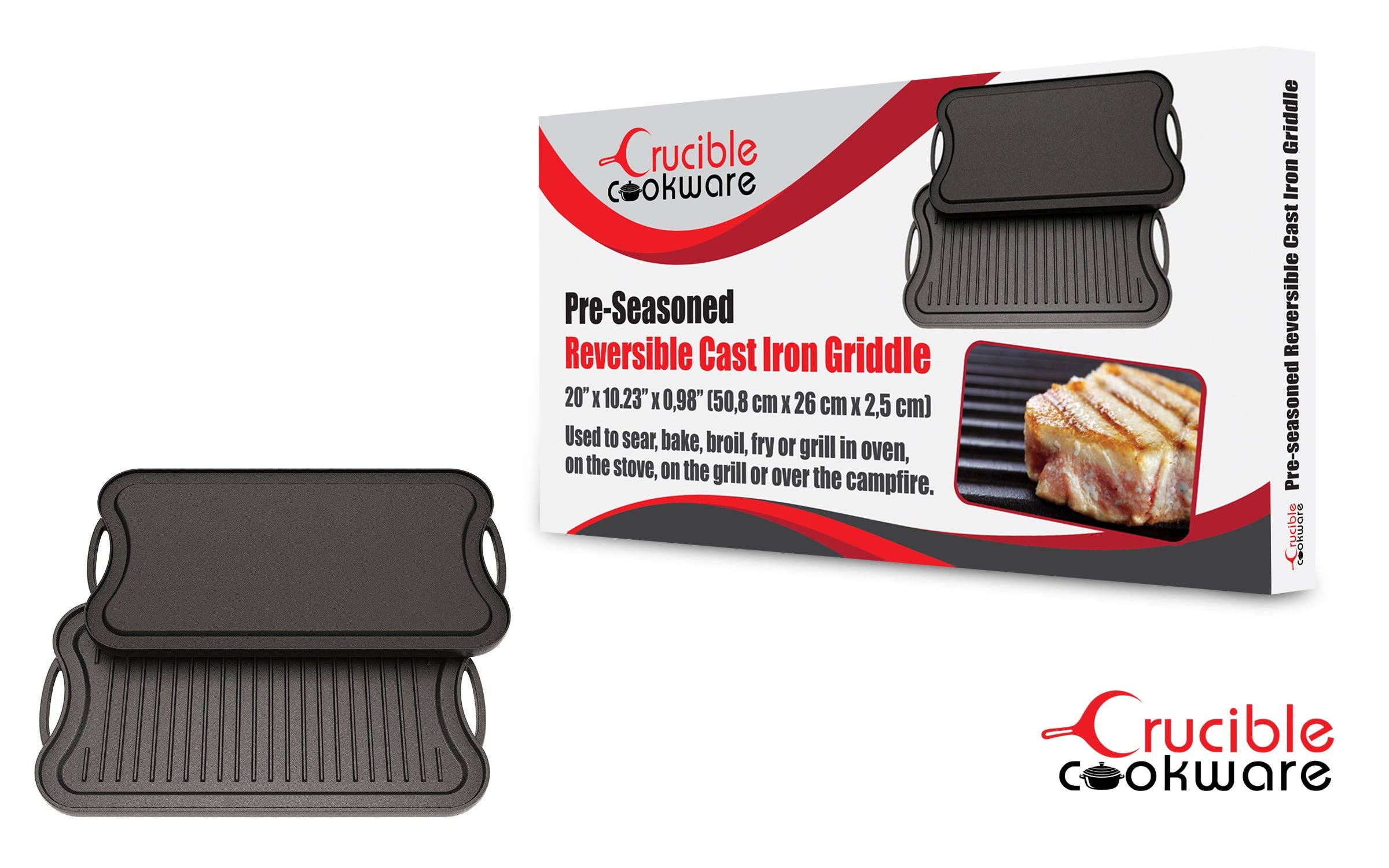 Crucible Cookware - Wholesale Grill Pan/Griddle - Cast Iron Griddle (20" by 10"/51 cm x 26 cm), Reversible, Gr8