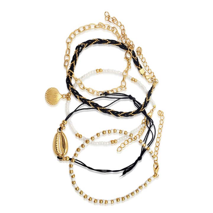 Black and White Goldtone 5 Layer Shell Artisan Anklet for wholesale by BESHEEK JEWELRY