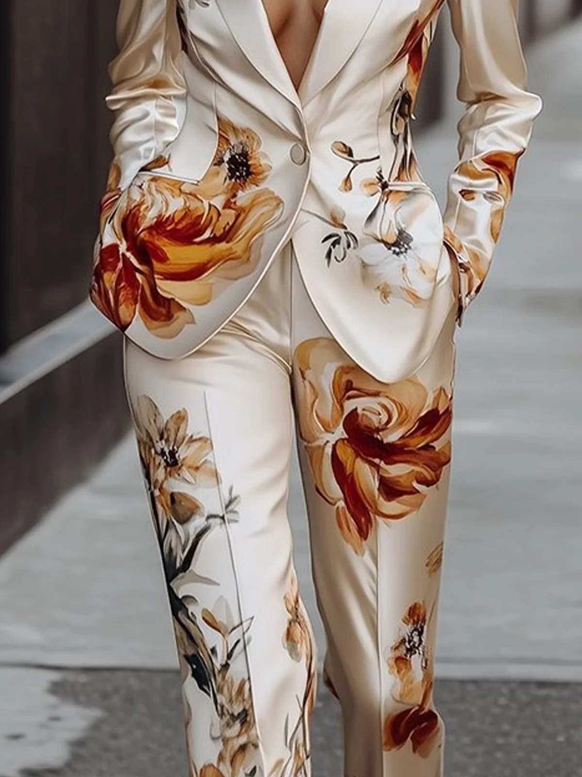 APRICOT Women'S Floral Print Satin Blazer & Pants 2 Piece Suit Set for wholesale on Faire2