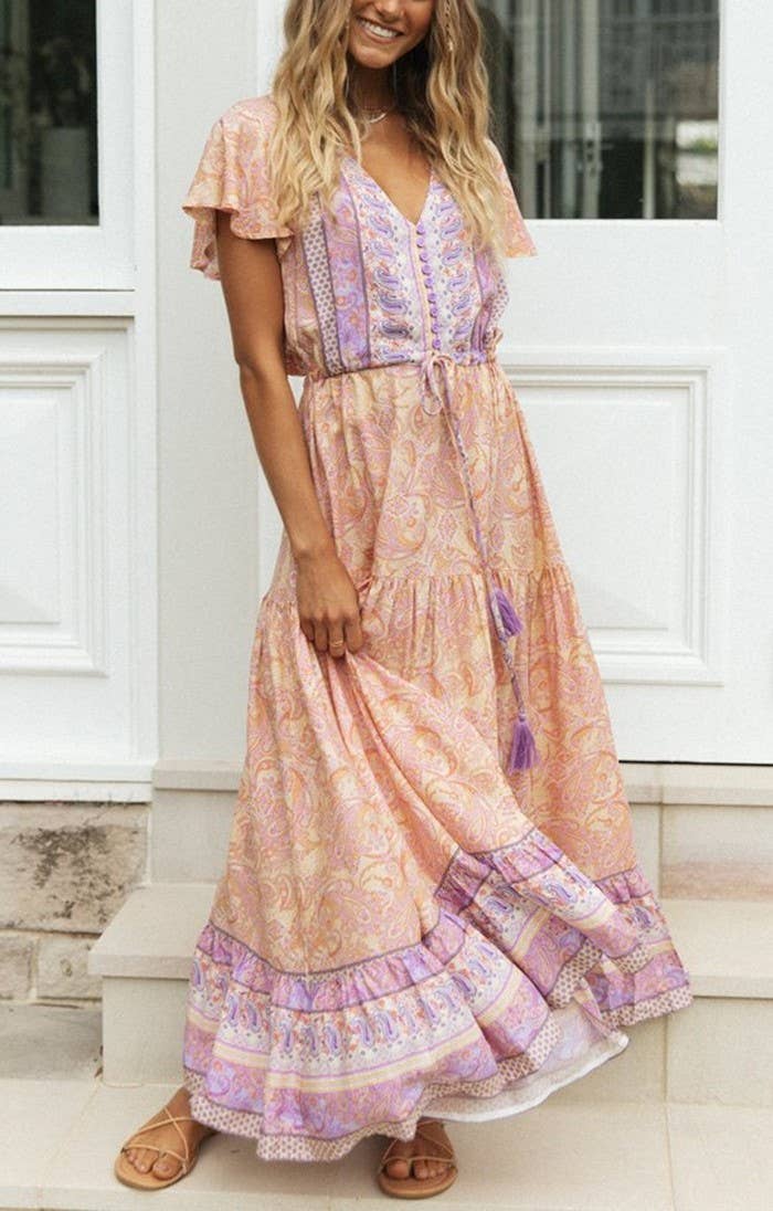 Rosa Clothing - Wholesale Dress - Women's - Bohemia Border Print Flutter Sleeve Maxi Dress7