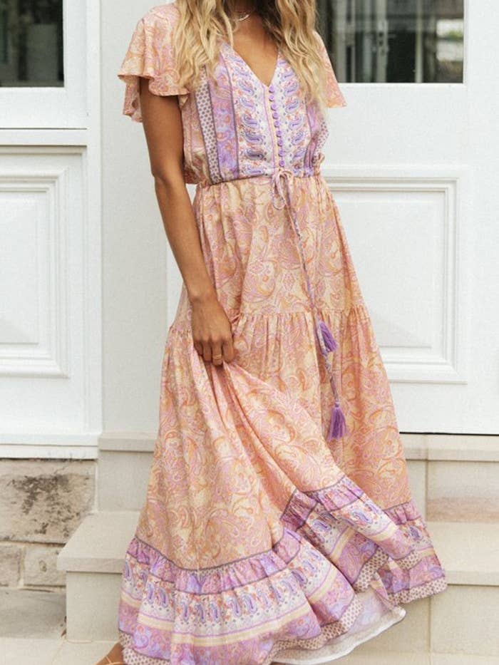 Rosa Clothing - Wholesale Dress - Women's - Bohemia Border Print Flutter Sleeve Maxi Dress7