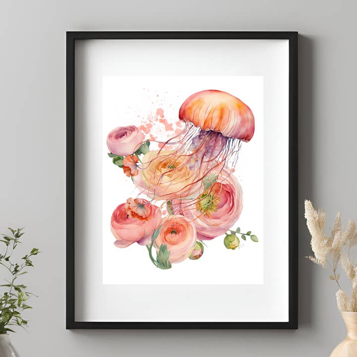 Floral and Animal Wall Print, Jellyfish and Ranunculus for wholesale by Sage Planta