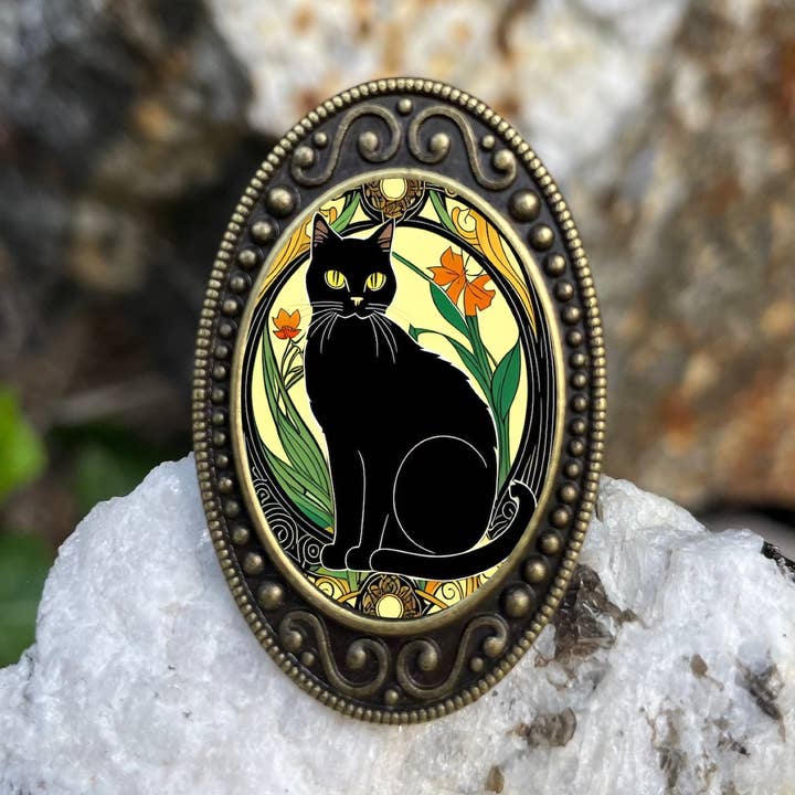 Art Nouveau Black Cat Antiqued Bronze Adjustable Ring Art Deco Brass for wholesale by FringePop