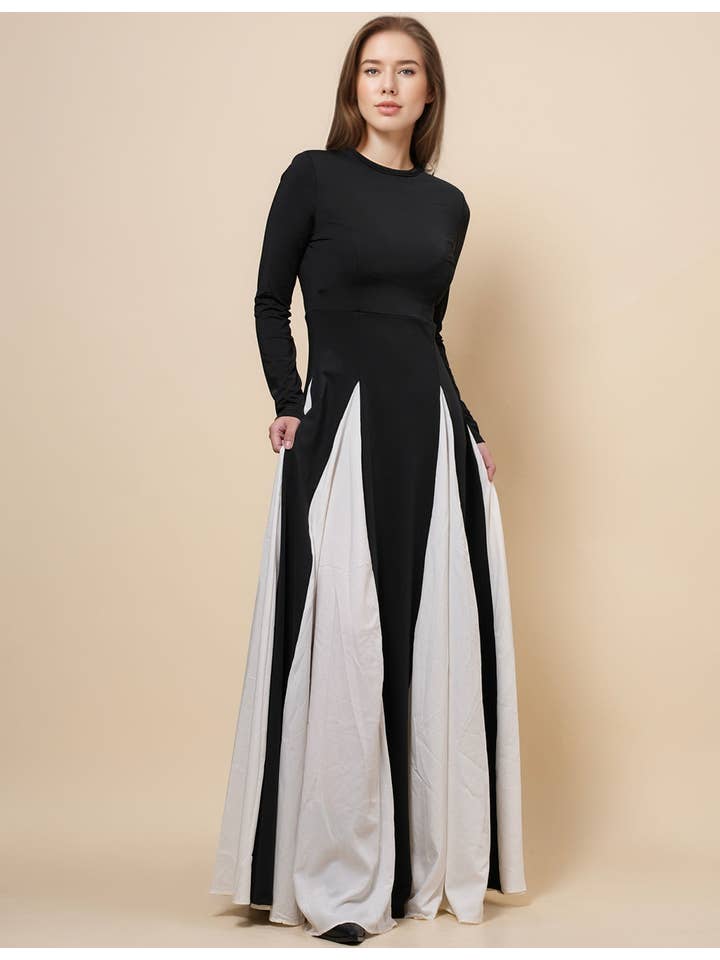 Black Ladies Elegant Color Block Godet Hem Maxi Dress SKD4886 for wholesale on Faire