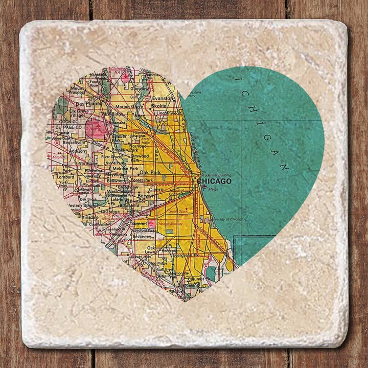Chicago Art Coasters - Carte du cœur de Chicago pour la vente par Black Angel Designs