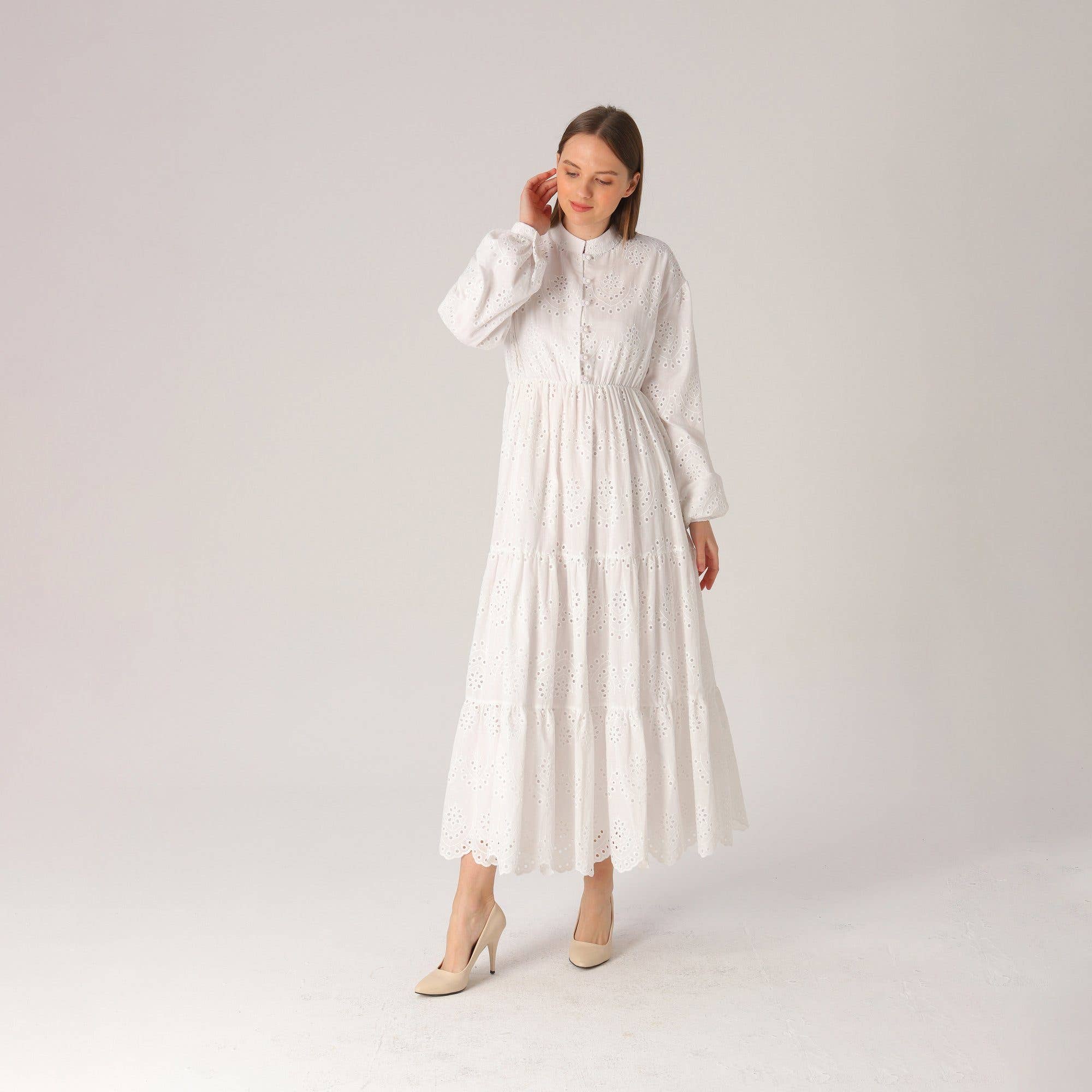 Modest White Long Sleeve Eyelet Maxi Dress for wholesale on Faire3