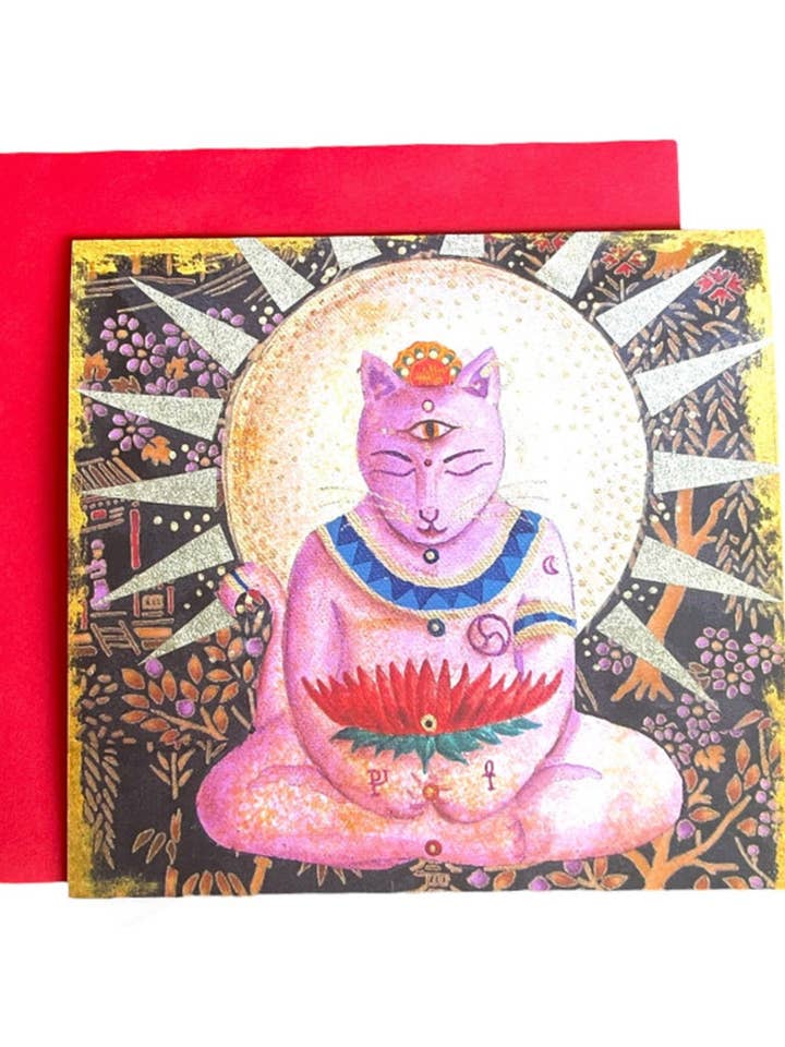 Carte de vœux Chat Bouddha Lilas Art Mystique Spirituel pour la vente par Art by Diana Comstock