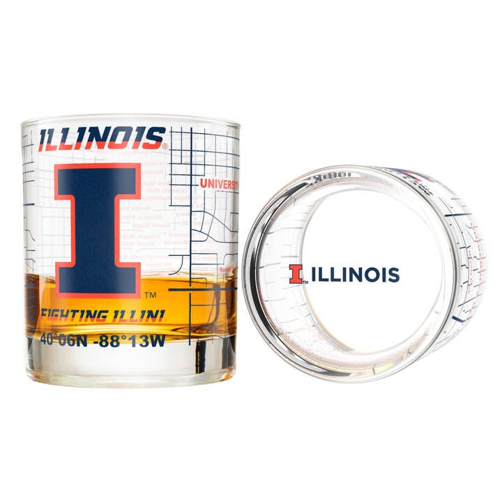 University Of Illinois Whiskey Glass Set (2 Low Ball Glasses) for wholesale by Greenline Goods