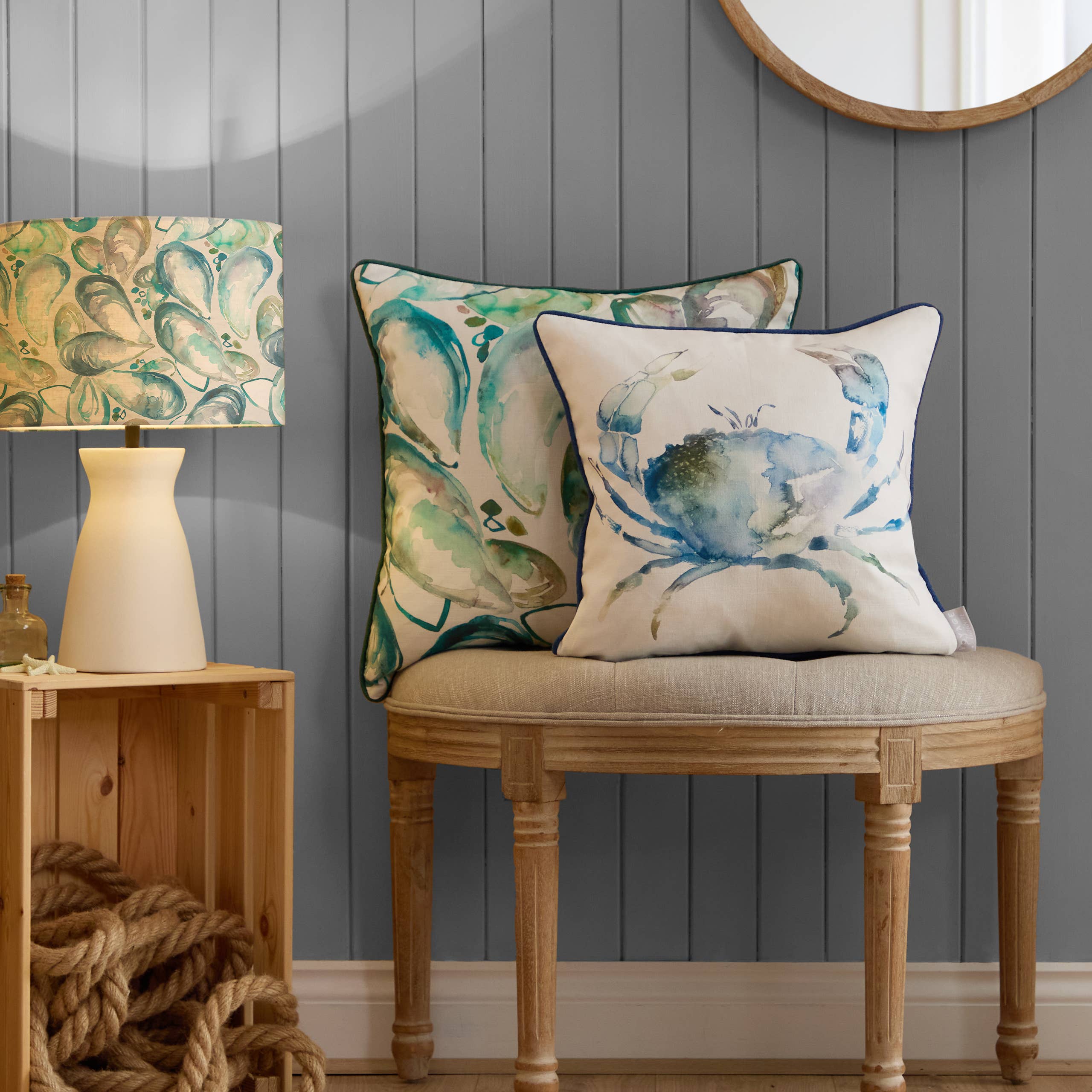 Crab Printed Piped Cushion Cobalt for wholesale on Faire4
