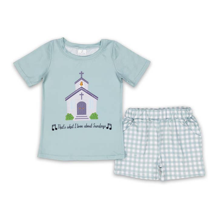 Yawoo Garments - Wholesale Top & Short Set - Kids - Short sleeves cross church top plaid shorts boys clothes0