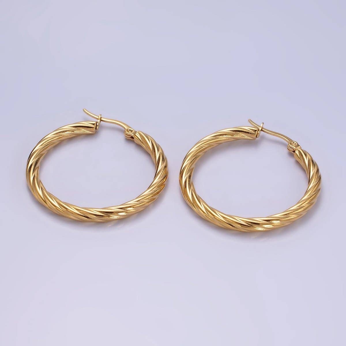 Aim Eternal - Wholesale Hoop Earrings - Stainless Steel 35mm Twisted Line-Textured Latch Hoop Earrings | AE4060