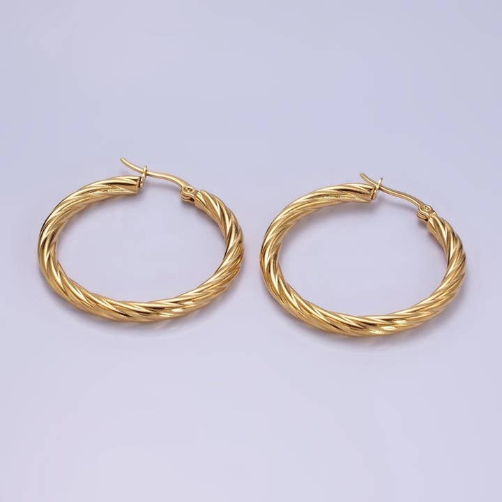 Aim Eternal - Wholesale Hoop Earrings - Stainless Steel 35mm Twisted Line-Textured Latch Hoop Earrings | AE406