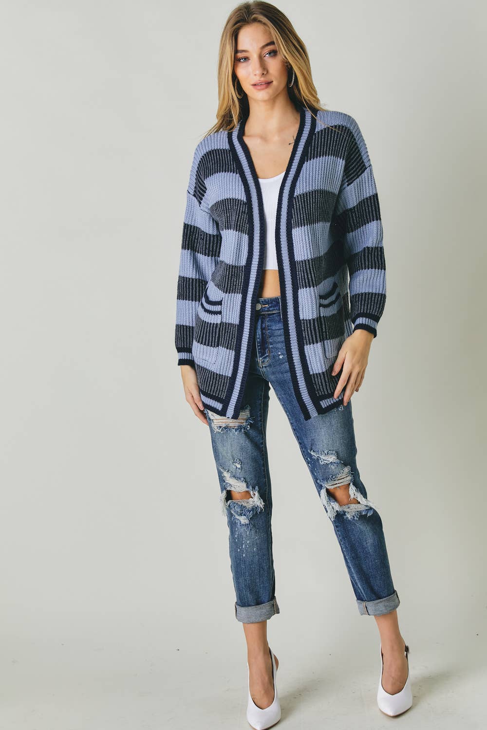 Navy STRIPE LONG SLEEVE CARDIGAN WITH POCKETS for wholesale on Faire4