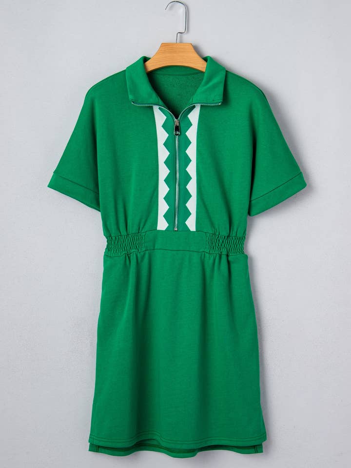 Bright Green Contrast Patchwork Half Zip Elastic Waist Short Sleeve Mini Dress for wholesale by Sweet Lover Fashion