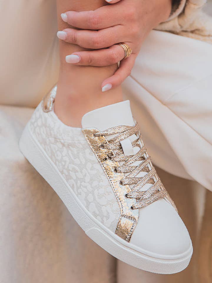 White Leopard Print Glitter Patched PU Leather Lace-up Shoes for wholesale on Faire3