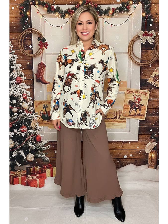 luluclothes - Wholesale Button Down Shirt - Women's - Western pattern beige long sleeve women shirts GJQ16673