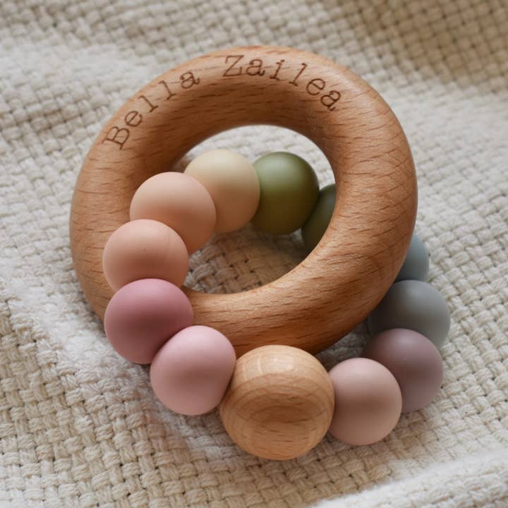 Bella Zailea - Wholesale Teether (not clip-on) – Baby - Muted Rainbow Nova Silicone & Beech Wood Teething Ring0