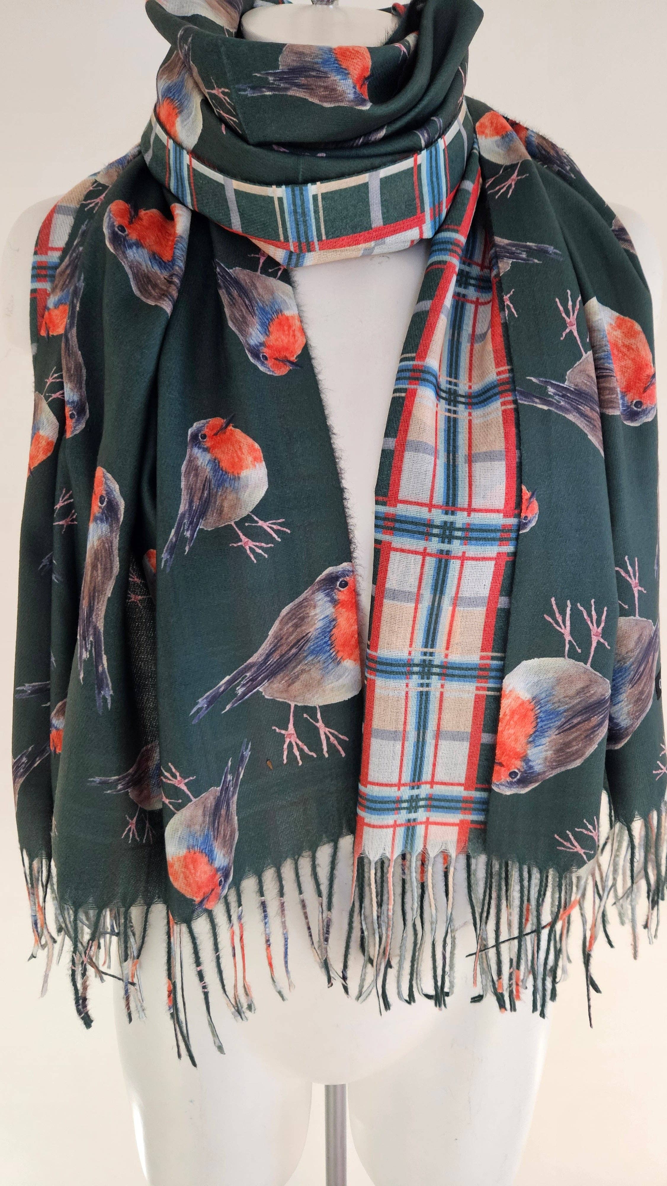 Shimena - Wholesale Scarf - Women's - Double-Sided Robin & Tartan Pashmina8