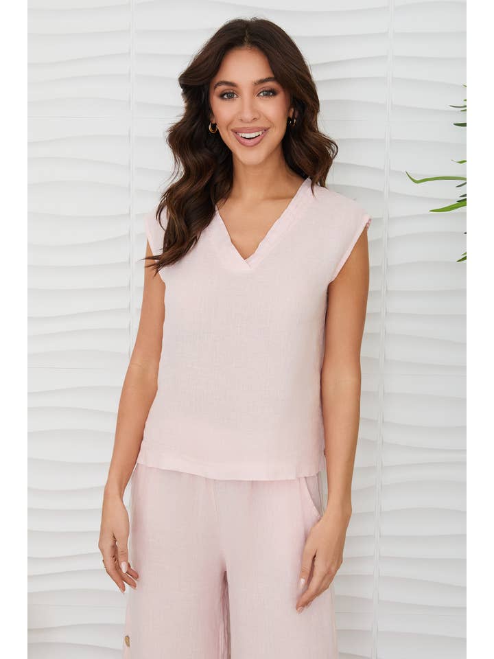 MILIO MILANO - Wholesale Blouse - Women's - V-NECK DOUBLE NECK HEM LINEN SLEEVLESS TOP (155014/13780)