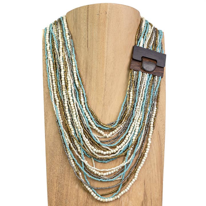 Pink House Imports - Wholesale Beaded/Pearl Necklace - Bali Glass Bead Drizzle Wood Buckle Statement Necklace
