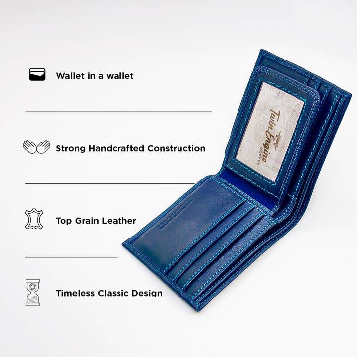 Twin Engine Coffee - Wholesale Wallet - Men's - BIFOLD Leather Wallet Ocean Navy / Fair Trade Artisan