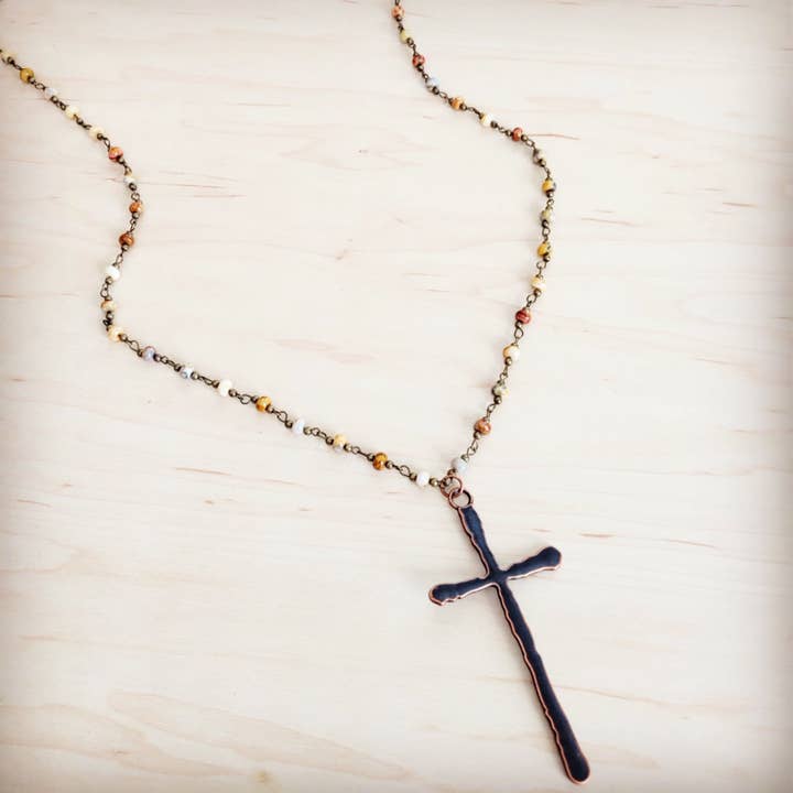 Genuine Natural Agate Long Beaded Necklace with Antique Copper Cross 262z for wholesale by The Jewelry Junkie