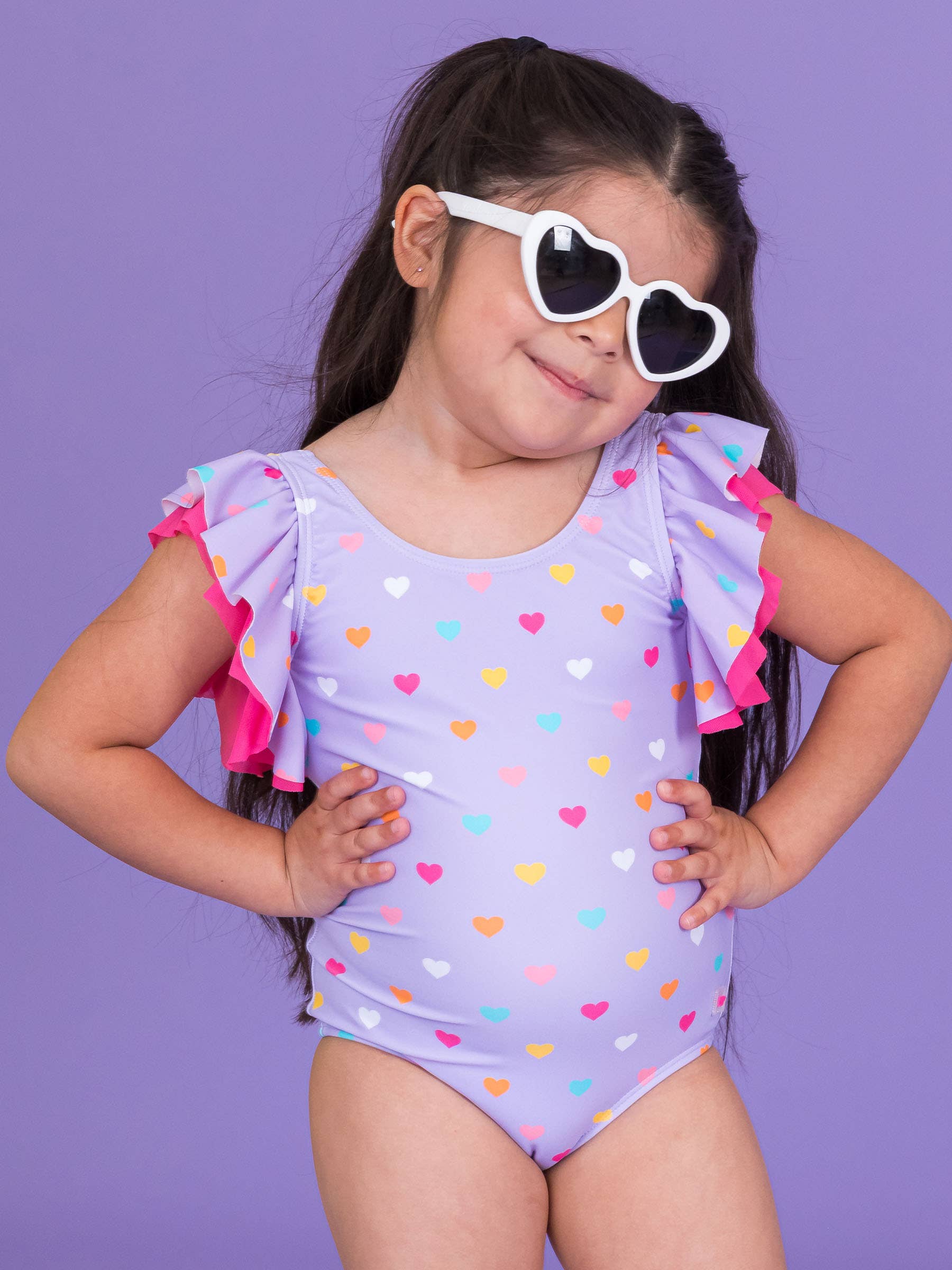 Lila Flickor Lavendel Färgglada Hjärtan Fjärilsärm Baddräkt i Ett Stycke för wholesale på Faire