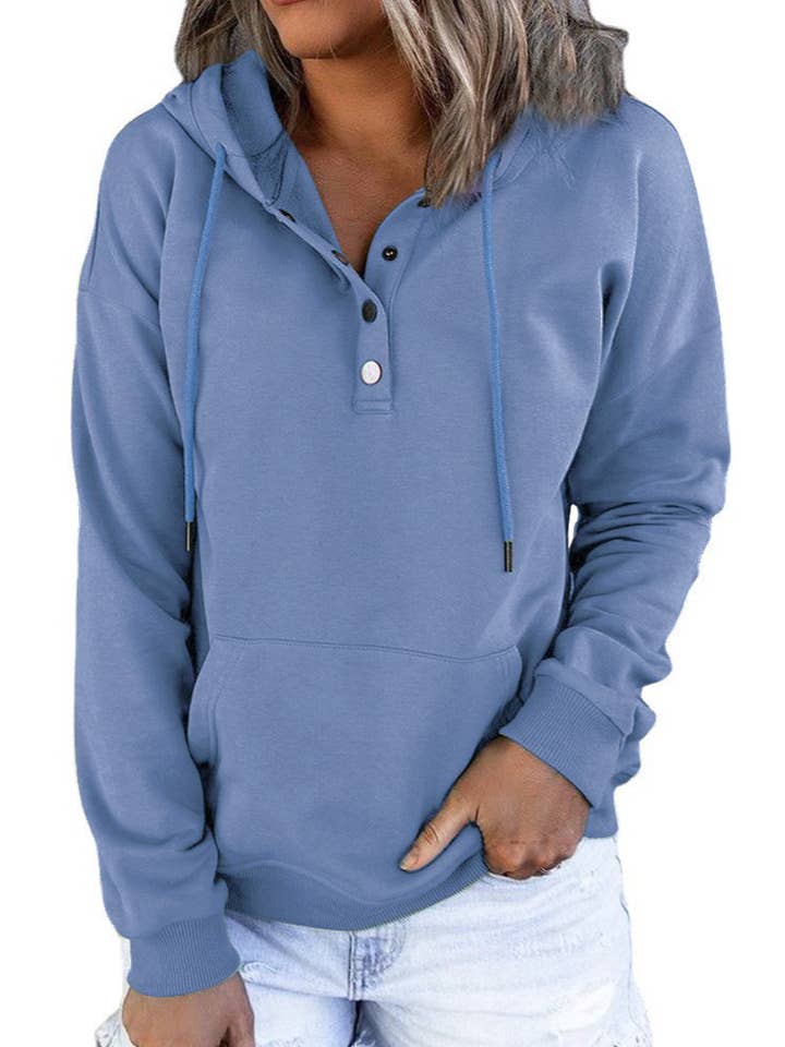 HIDDENBRAND - Wholesale Hoodie - Women's - Large Pockets Half Buttoned Hooded Sweatshirt9