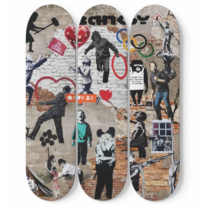 Banksy - Mixed Art - 3-piece Skateboard Wall Art for wholesale by SkateboardArtsy