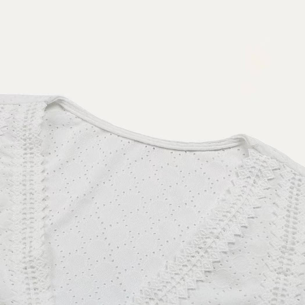 The Moment Collection - Wholesale Blouse - Women's - On-Trend Sheer V Neck Pierced Pointelle Short Sleeve Top5