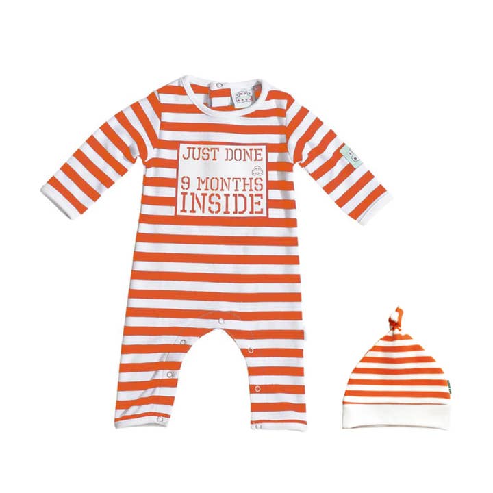 Just Done 9 Months Inside® - Orange Romper and Hat Bundle for wholesale by Lazy Baby®