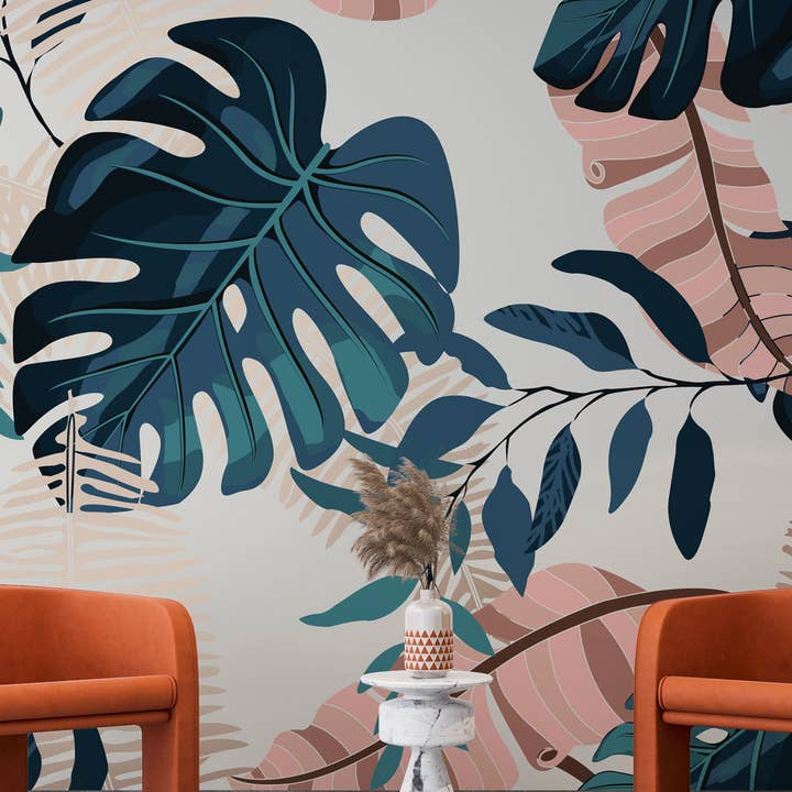 Papier peint abstrait Boho Monstera - Autocollant - Grandes feuilles pour la vente par Muravie Wallposter