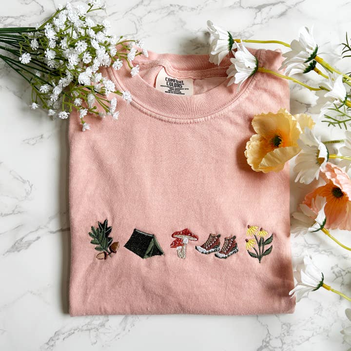 Plantiful Design Co - Wholesale T-Shirt - Women's - Embroidered Camping Mushroom Outdoorsy Plant Tshirt