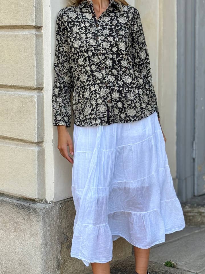 Dame Skjorte i Khadi Bomuld Block Print – Beige og Sort, Lange Ærmer, Træknapper for engroshandel hos MALINI FASHION DESIGN PRIVATE LIMITED