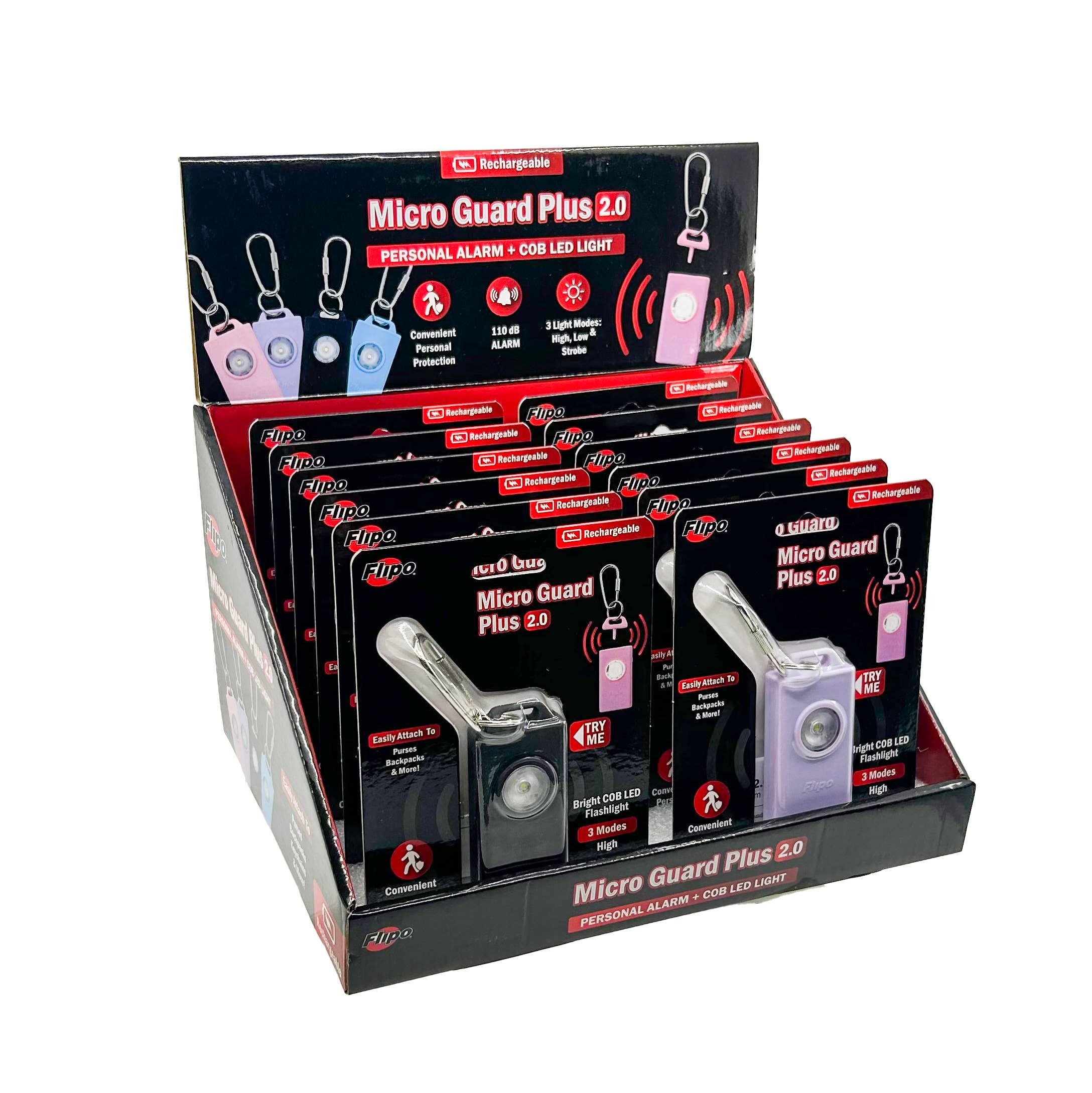 Flipo Group, Ltd. – Alarme/equipamento de segurança por atacado – Micro Guard™ Plus Alarme Pessoal Recarrregável com 12 Unidades em Display9