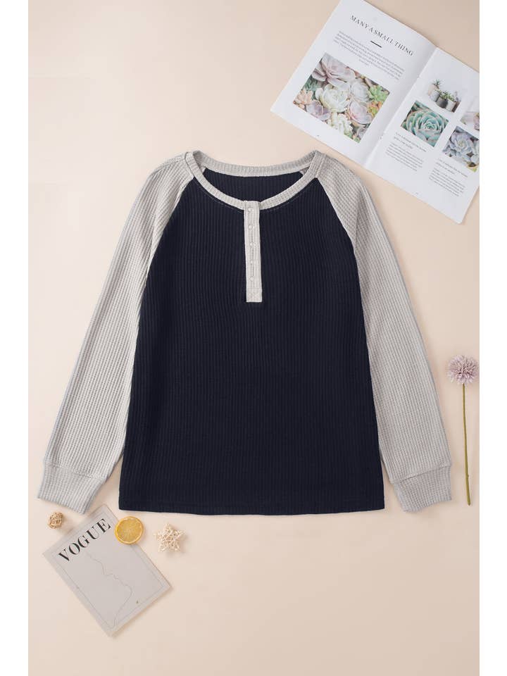 Black Plus Size Waffle Knit Buttoned Henley Top for wholesale on Faire