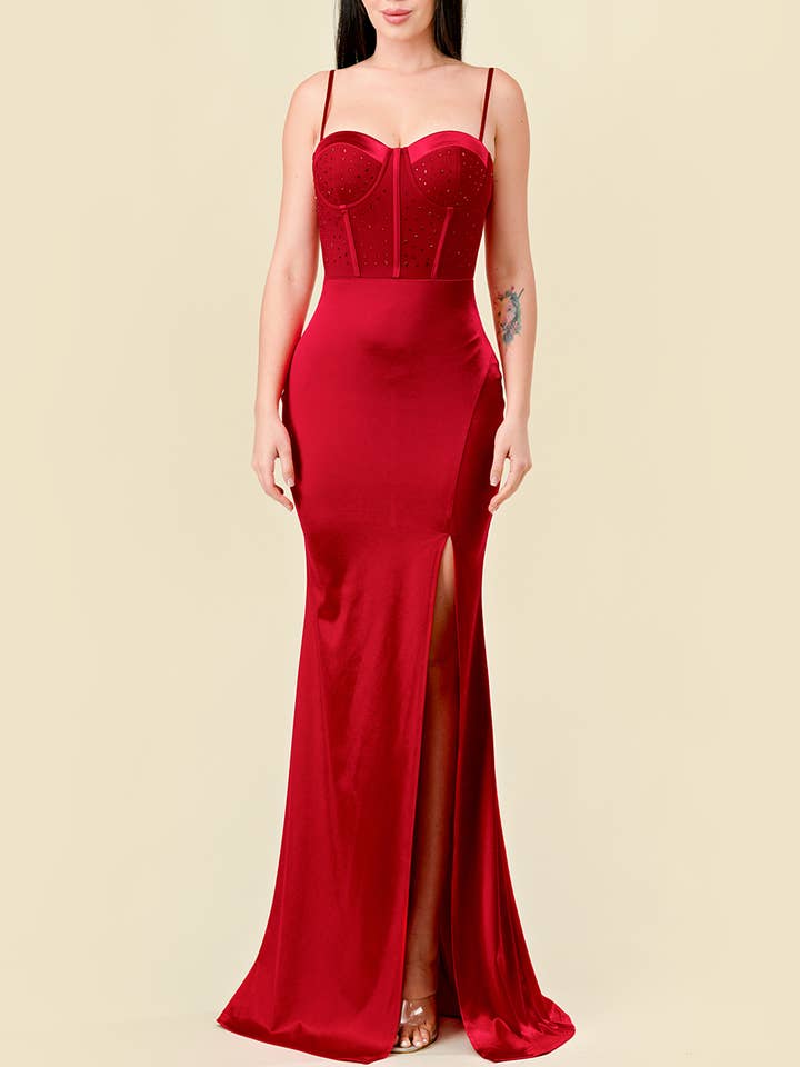 CD41123: KNIT SATIN MESH W/ STONES MERMAID MAXI DRESS for wholesale by Lovesome