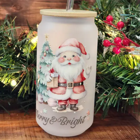 Kolor Wonder Crafts - Wholesale Insulated Mug/Tumbler - 16oz Merry and Bright Santa Glass Tumbler1