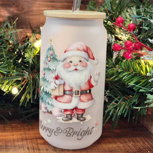 Kolor Wonder Crafts - Wholesale Insulated Mug/Tumbler - 16oz Merry and Bright Santa Glass Tumbler1