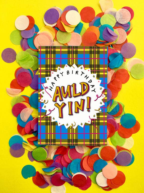 Joyeux anniversaire Auld Yin ! Carte d'anniversaire écossaise - Tartan pour la vente par Claire Barclay Draws
