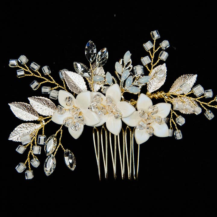 Brides and Belts - Wholesale Hair Pin - Gina Gold Wire Floral Champagne Hair Pin0