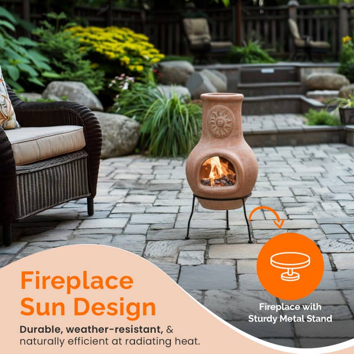 Quickway Imports - Wholesale Fire Pit - Outdoor Clay Chiminea Sun Design Charcoal Burning Fire Pit2