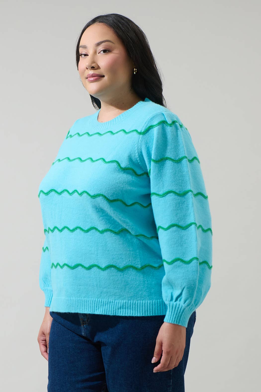 Sugarlips - Wholesale Knit Sweater - Women's - Maeverly Wavy Stripe Balloon Sleeve Sweater Curve5
