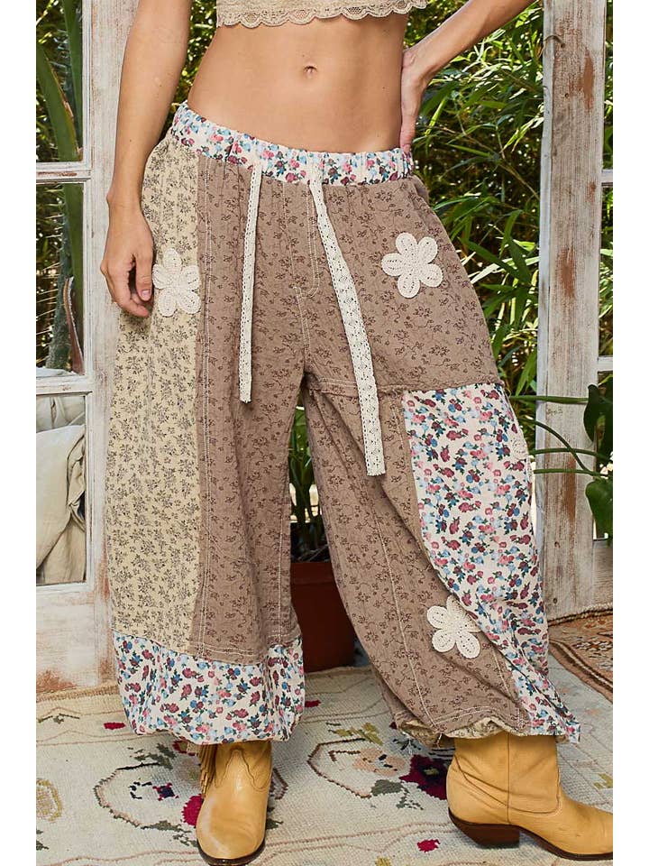 Pol Clothing - Wholesale Pants - Women's - Crochet patch detail contrast patchwork printed woven pants35