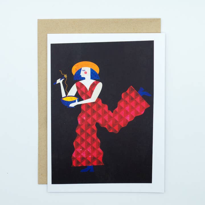 Spaghetti Pasta Girl Greeting Card for wholesale by Astrid Weguelin Illustration