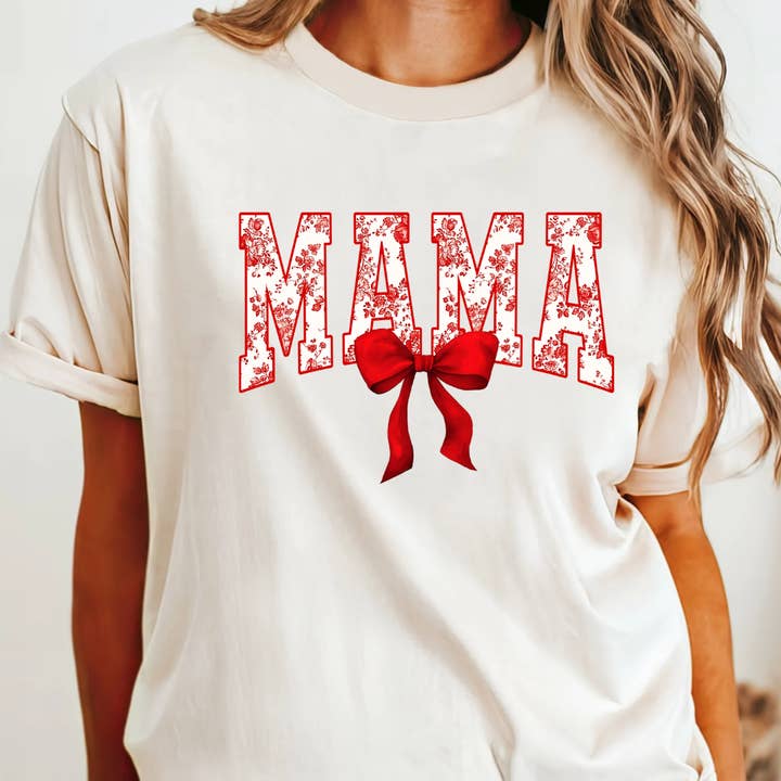 Röd Blommig MAMA Coquette Rosett-T-shirt för wholesale av Kiki's Boutique